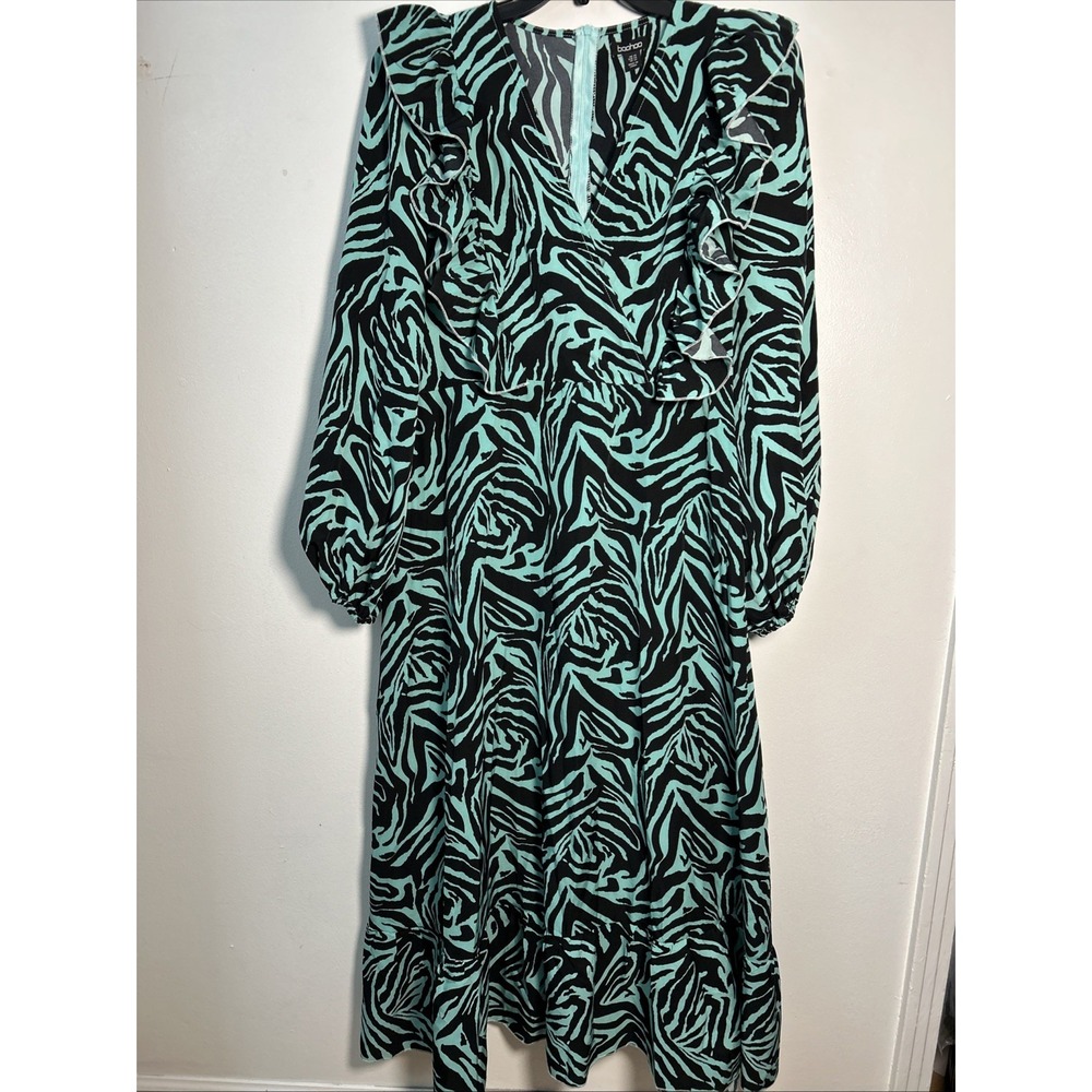 Boohoo Women 22 Dress Maxi Teal Zebra Puff Sleeve Ruffle 6421